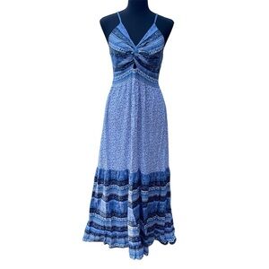 Japna Boho Sleeveless Maxi Dress Paisley Floral Smocked Large Blue White Summer